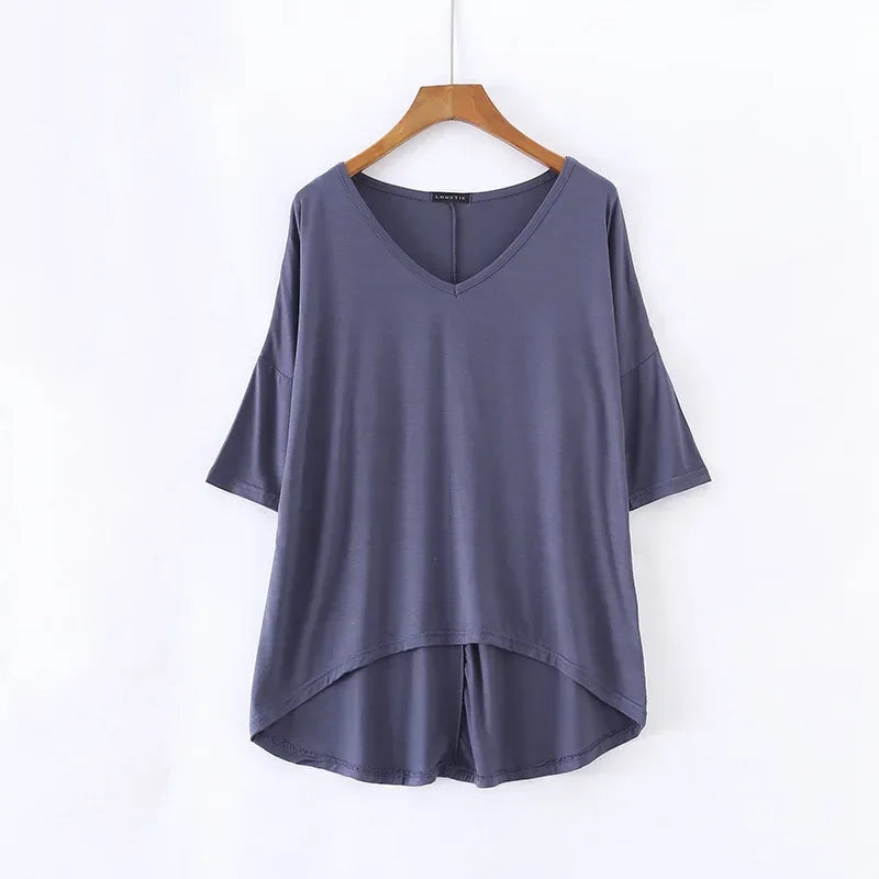 Fashion Tops Tees 2025 Summer T-shirt Women Half-Sleeve Solid Loose Shirt V-neck Oversize Basic Top Shirts for Women Casual