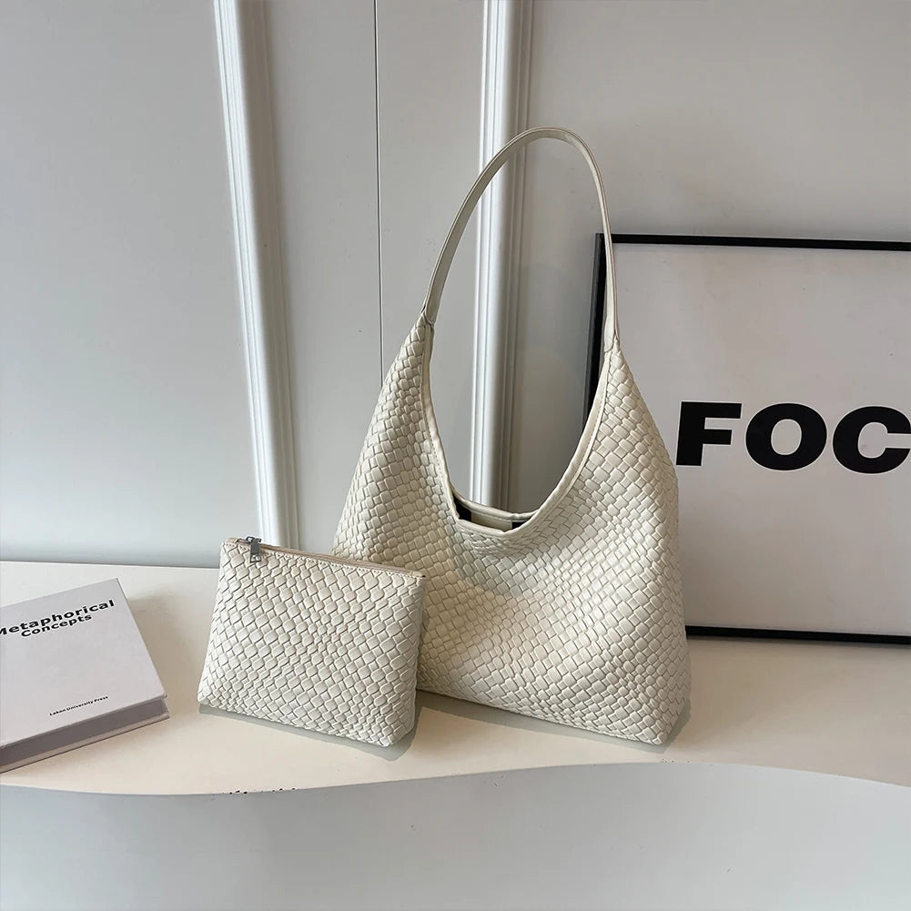 Women Large Shoulder Bag with Pouch Top Handle Bag Trendy PU Woven Tote Bag Leather Armpit Handbag Commuting Bag