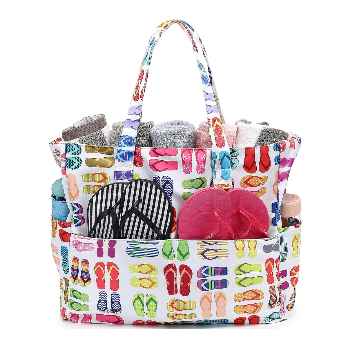 Beach Tote Bag Women，Foldable Travel Bag with Anti-Sand Pocket Lightweight Storage Bag for Gym/Shopping Packable in Carry-On