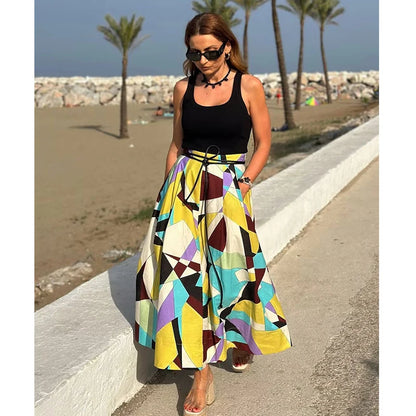 Skirts Summer Women's 2025 New Chic Print High Waist Women's Skirts Fashion Joker Street Youth Holiday Travel Skirts
