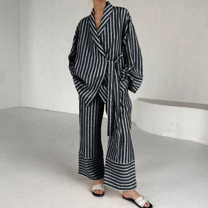 Women's Dress Sets Autumn New Striped Long-sleeved Loose Lace-up Top High-waisted Trousers Fashion Casual Suit for Women