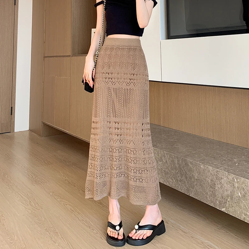 Skirts Women Trumpet High Waist Long Skirt Female Summer Elegant Knitted Hollow Out Fahison Skirt Bottom