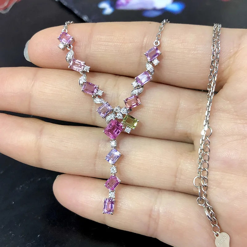 925 Sterling Silver Colorfull Cubic Zirconia Necklaces for Women New Trendy Shine Geometric Collar Fashion Evening Party Jewelry