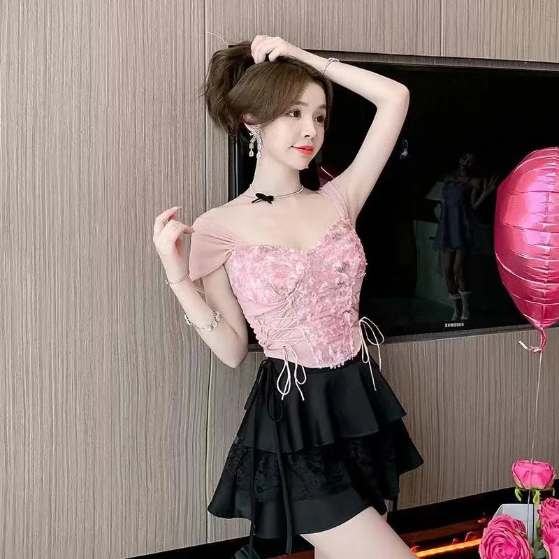 Women Corset Top Y2K Clothes Lolita Ruffles Flower Lace Tank Top Summer French Tube Tops Cute Clothes Pink Crop Tops