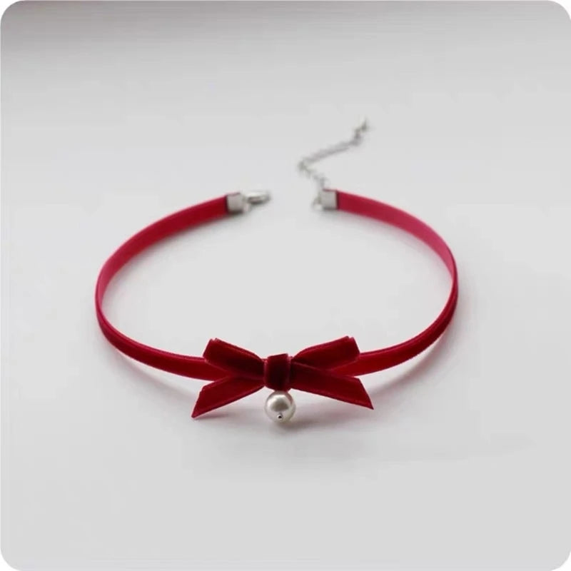 Elegant Bowknot Necklace Pearls Beads Pendant Clavicle Chain Velvets Bows Collarbone Chain Ornament for Women Girls