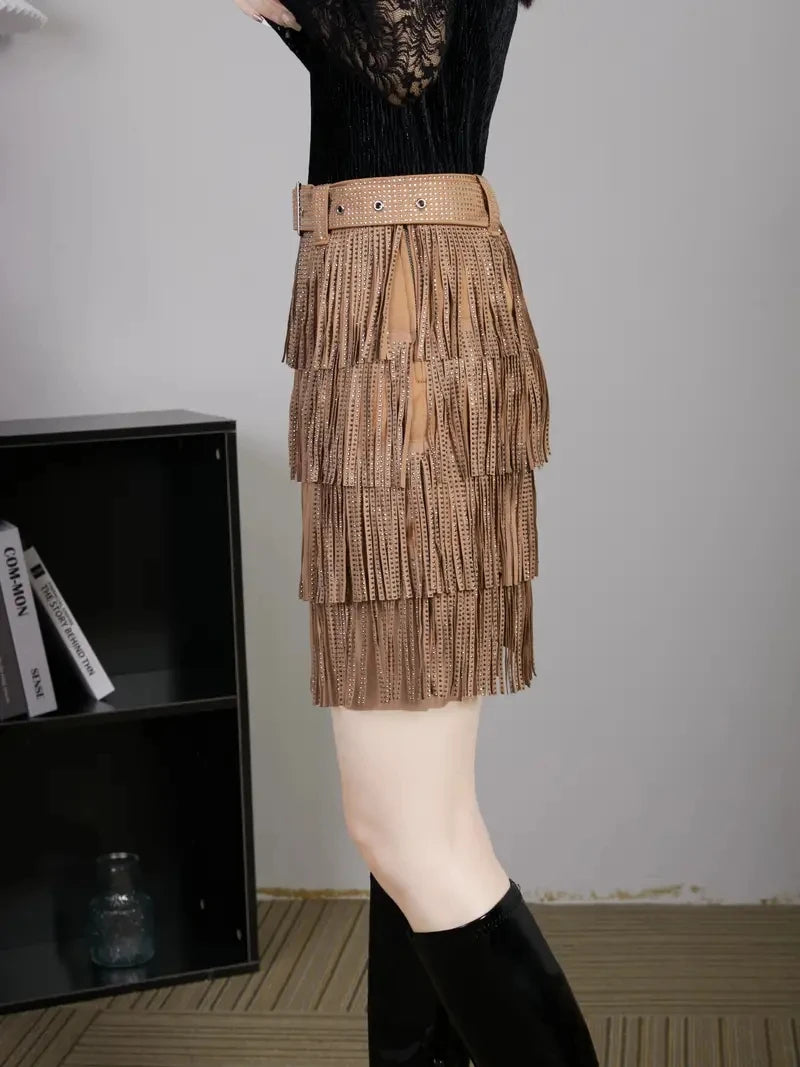 Women Skirt Fashion 2025 New Autumn High Waist Belt Multi Layer Short  Heavy Drilling Rhinestones Fringed Skirt with Cake A Line