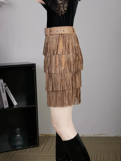 Women Skirt Fashion 2025 New Autumn High Waist Belt Multi Layer Short  Heavy Drilling Rhinestones Fringed Skirt with Cake A Line