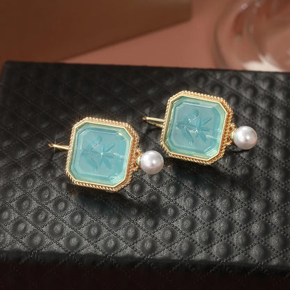 Intaglio Earrings, Blue Earrings, Vintage Jewelry, Imitation Pearl Earrings, Art Deco Earrings, Dainty Earrings, Gift for Mom