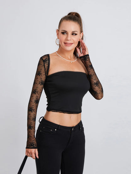 Women Summer 2 Piece Outfits Long Sleeve Lace Shrug Tops and Solid Color Bandeau Tube Tops Sets for Streetwear Club Y2K 2000s