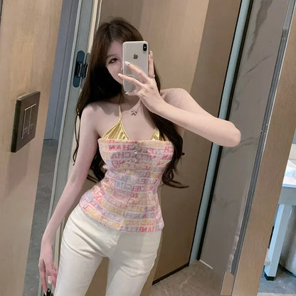 Women's top 2025 summer chic sexy socialite style pink Twed design sense strapless hanging neck vest