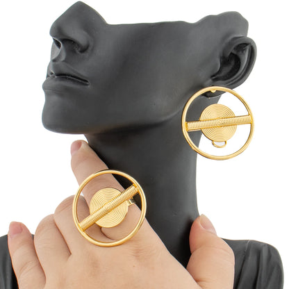 Earrings Jewelry Set for Women African 18k Gold Color Earrings with Ring Unusual Design Ear Accessories Girls Lover Daily Gifts