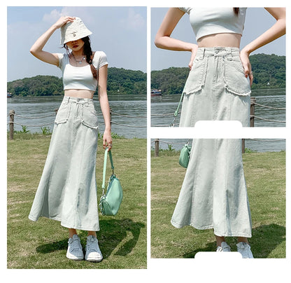 Apricot Denim Skirt Summer Women's 2024 New High Waist Slim Fashion Design Pocket Hip A-line Ankle-length Jean Skirt