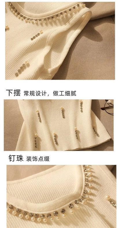 2025 New Women Vest Top Design Heavy Beads Diamonds Slim Vest Coat New Ice Silk Knitted Camisole Undershirt Women's Tops Summer