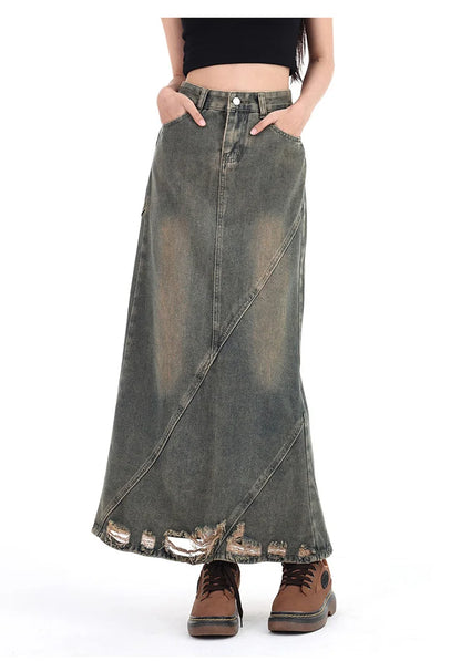 Women Denim Skirt Y2k Emo 2000s Clothes Long Skirt Harajuku Korean 90s Fashion Vintage Gradient A-line Jean Skirt Grunge Clothes