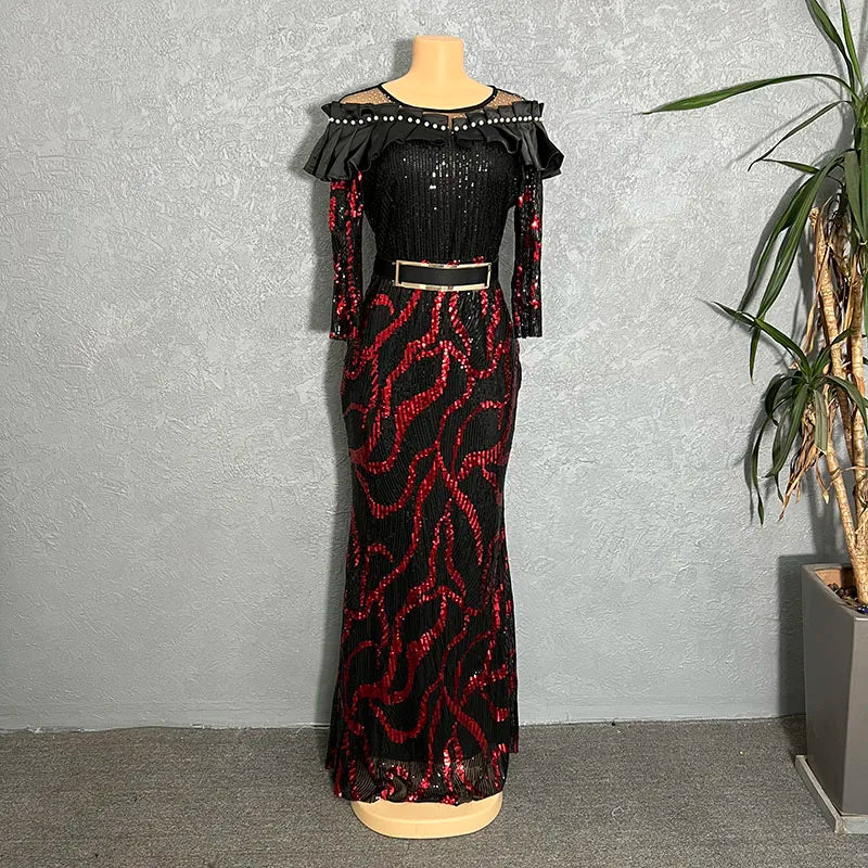 African Dresses For Women 2022 Lady Elegant Glittering Evening Dress Sparkle Sequin Sexy Sheath Maxi Party Gowns Come With Belt