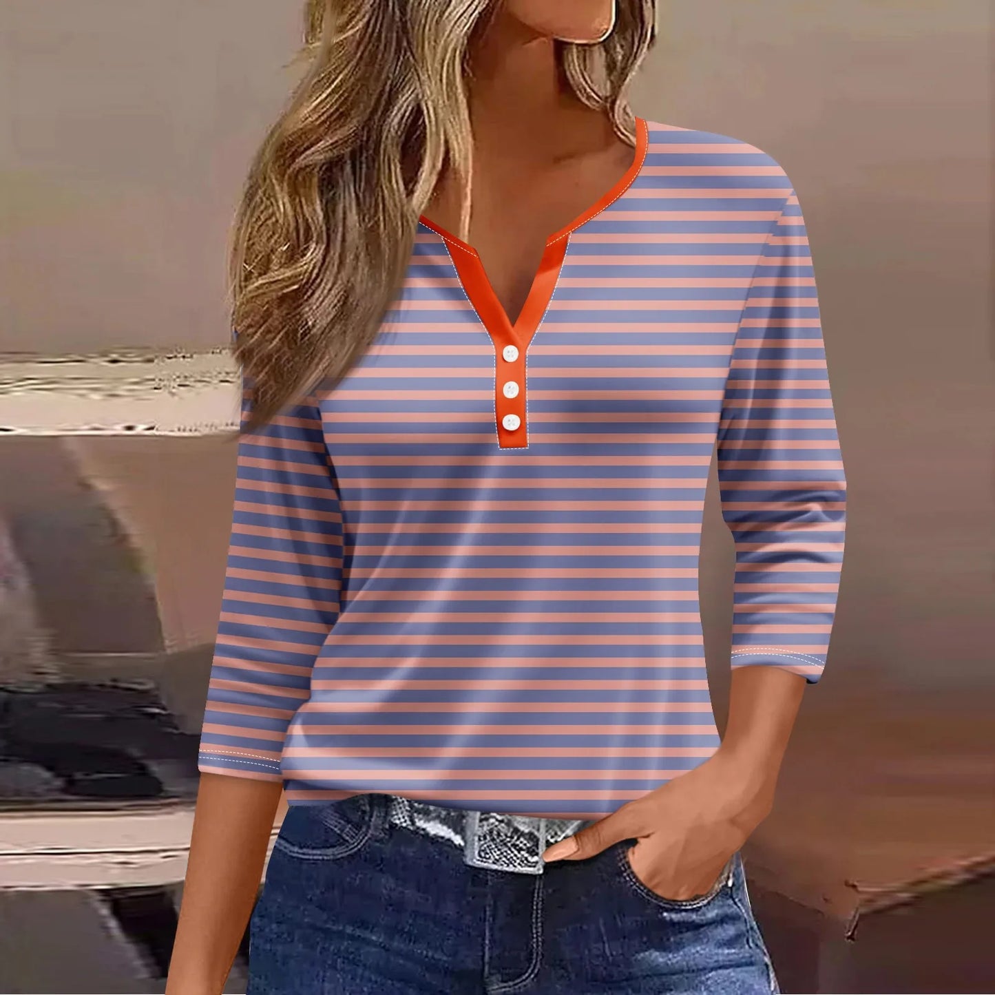 Tops For Women Women'S T Shirt Tee Print Button 3/4 Sleeve Daily Weekend Fashion Basic V Neck Regular Top Ropa De Mujer New