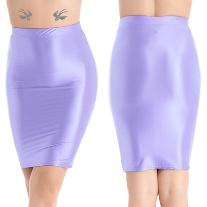 Mini Skirts Skirt For Women Autumn Bodycon Clubwear Glossy Shiny Stretchy Summer Tight Fitting High Waist Knee-length