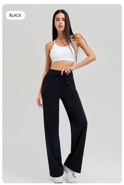 Women's High Waist Yoga Pants Gym Loose Running Yoga Pants Double Side Brushed with Pockets Pants Ties