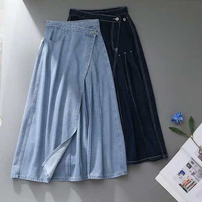 Irregular Pleated Baggy Denim Skirt Women Casual High Waist Vintage Faldas Korean Fashion Streetwear Loose A-lined Jean Skirts