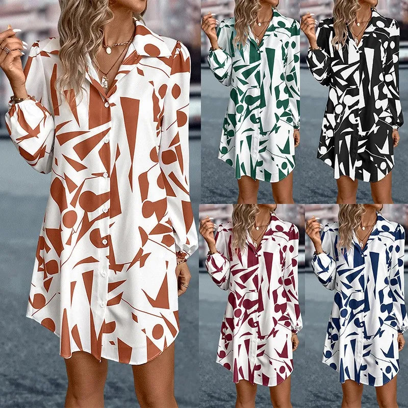 Women's Dresses New Printing Loose V-Neck Single Breasted Long Sleeve Elegant Casual Streetwear In 2024 Summer Vestidos For Lady