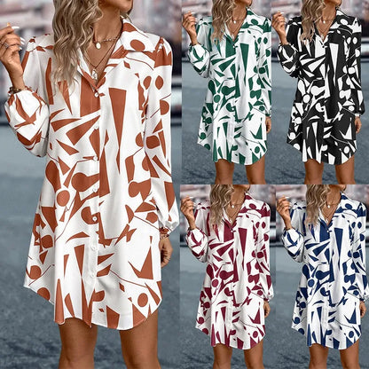 Women's Dresses New Printing Loose V-Neck Single Breasted Long Sleeve Elegant Casual Streetwear In 2024 Summer Vestidos For Lady