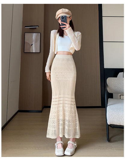 Skirts Women Trumpet High Waist Long Skirt Female Summer Elegant Knitted Hollow Out Fahison Skirt Bottom
