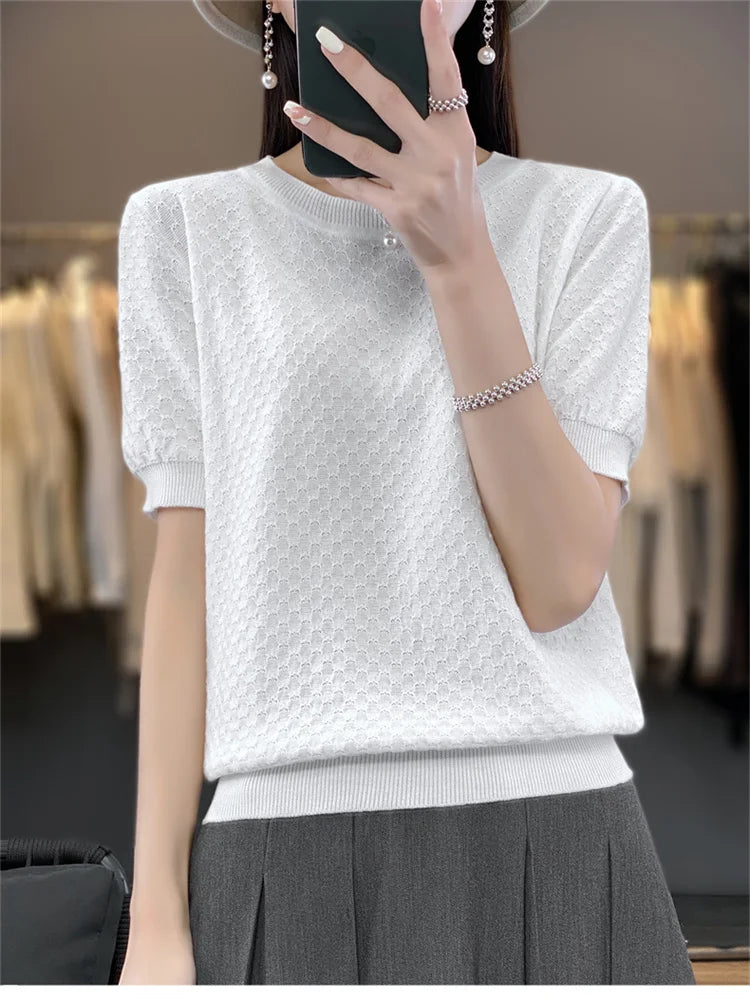 Women's T-shirt Summer 100% Cotton Sweater Short Sleeve Solid Color Round Neck Ladies Tops Loose Blouse Basic Pullover Tees