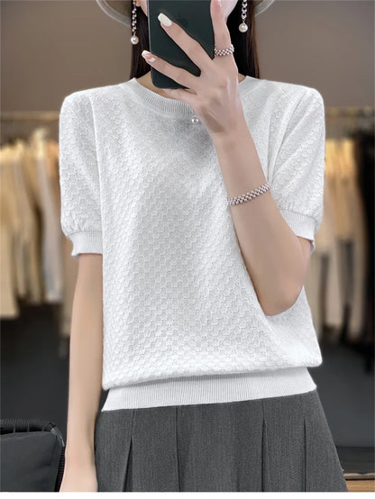 Women's T-shirt Summer 100% Cotton Sweater Short Sleeve Solid Color Round Neck Ladies Tops Loose Blouse Basic Pullover Tees