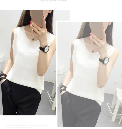 Top women Summer V Neck Hollow Knitted Vest Sleeveless Casual Tank Blusas Tops Sheer Mesh Patchwork T Shirt Bottom Camisole 2019