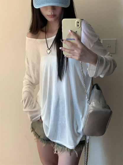 Women T-Shirts Casual Loose New Slightly Transparent O Neck Female Top Thin Sun Protection Tees Spring Summer 2025