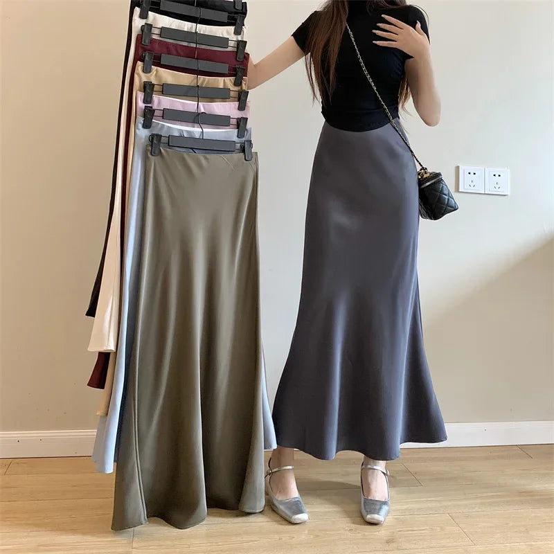 Satin Skirts for Women Korean Reviews Many Girls Clothes Women's 2025 Summer NEW High Waisted Mid Long Skirts Fashion women skir