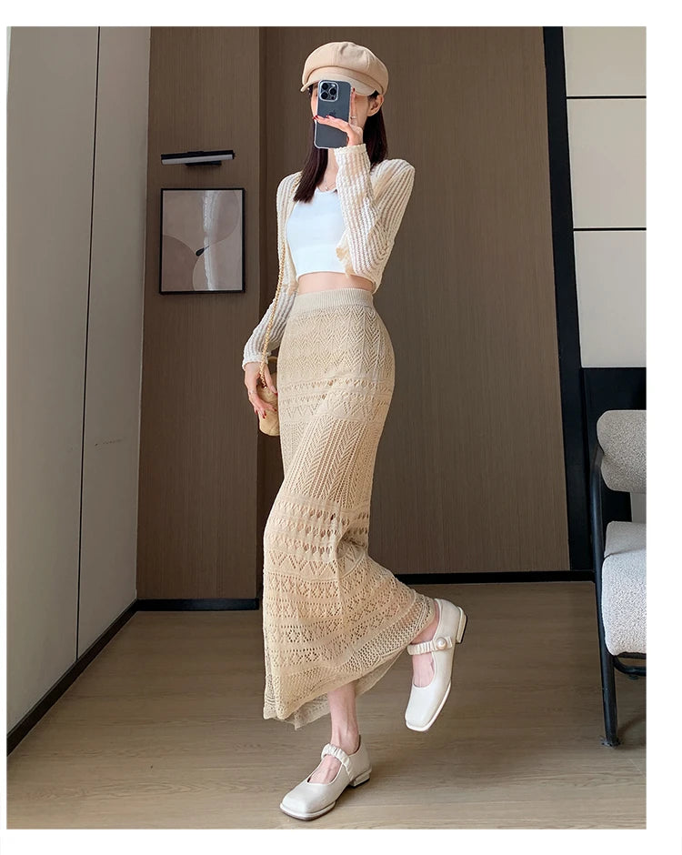 Skirts Women Trumpet High Waist Long Skirt Female Summer Elegant Knitted Hollow Out Fahison Skirt Bottom
