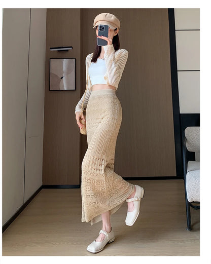 Skirts Women Trumpet High Waist Long Skirt Female Summer Elegant Knitted Hollow Out Fahison Skirt Bottom