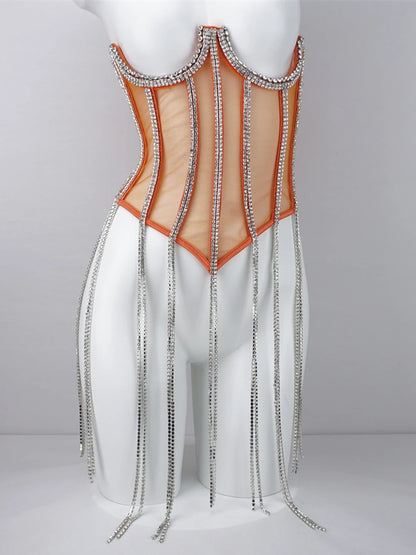 Women Tunic Bras In Waist Corset Tops Fashion Diamond Luxury Diamond Tassel Corset Slim Vest Sexy Tmesh Sheer Top Female 2025