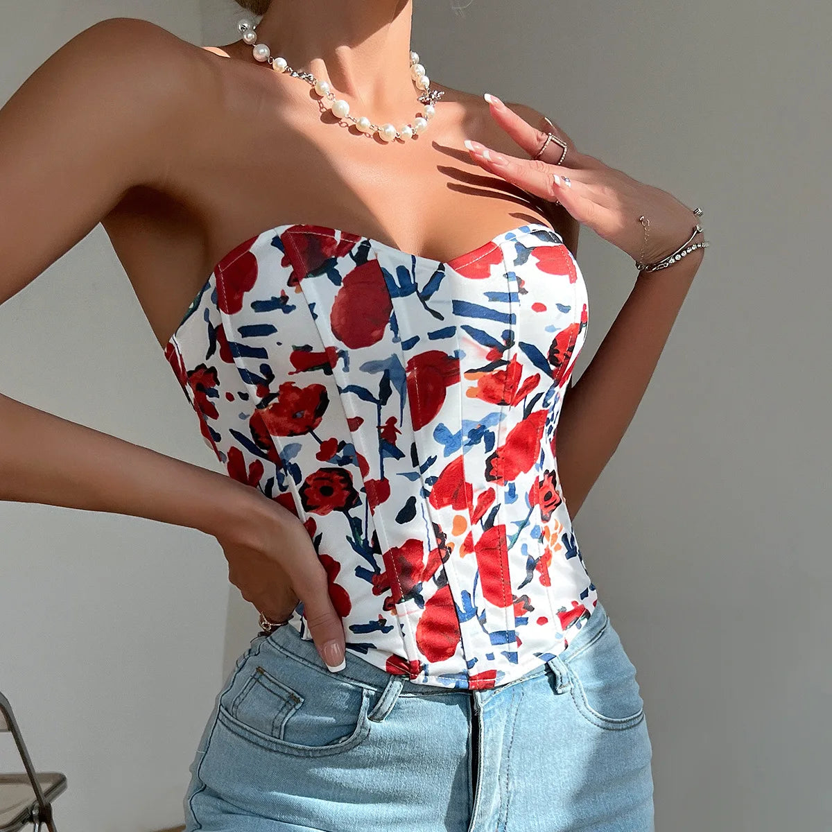 Women Floral Top Sexy Spicy Girl Tank Top Low cut Open Back Flower Wrapped Chest Diamond Fish Bone Strap Waist Vest Tank Top