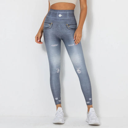 Push Up Yoga Pants Women Fitness Leggings Imitation Jeans Patchwrok Scrunch Tights High Waist Leggings Gym Workout Sport Leggins