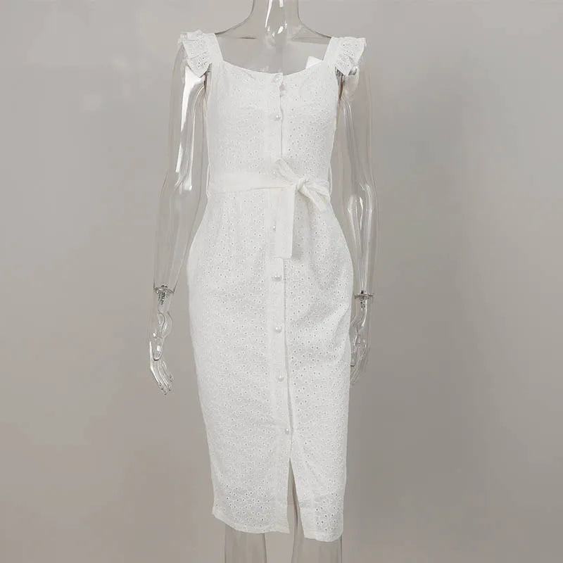 Women White Dress Lace Up Sexy Midi Vestidos Ruffles Sleeveless Bodycon Female Dresses 2022 Buttons Belt Elegant Ladies Clothes