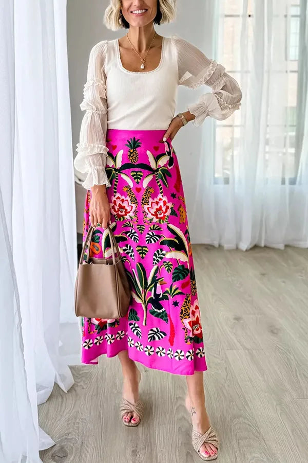 Women Skirts 2024 Spring Summer Vintage Streetwear Ladies Casual Floral Printed Long Skirts Elastic Waist Female Midi Skirts