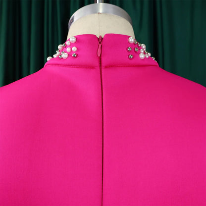 Elegant Dresses for Women O Neck Ruffles Sleeve Beaded Sheath Package Hips Mid Calf Luxury Birthday Party Dinner Vestidos Mujer