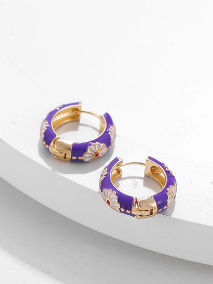 New Fashionable Colorful Round Earrings Retro Metal Enamel Floral Ear Accessories Unique Party Jewelry Gift for Women