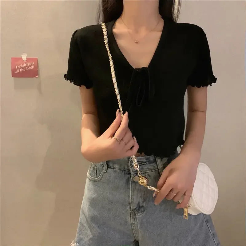 Tops Woman Short Sleeve T Shirt for Women V Neck New in Knitwears Plain Sexy Crop Korean Fashion Reviews Clothes Many Polyester