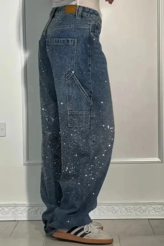 New Women Casual Hot Drilling Jeans Autumn Winter Cowboy Trousers High Waist Button Pockets Fashion Female Loose Straight Pants