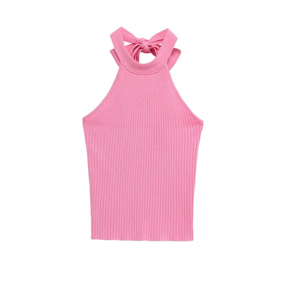 2025 Women's New Tops Summer Pink Halterneck Knitted Sleeveless Top Bow Trim Sexy Open Back Personality Fashion