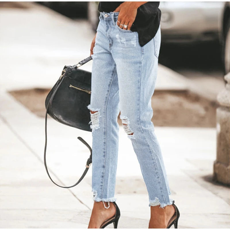 Women‘s Fashion Straight Jeans Casual High Waisted Washed Skinny Trousers Ripped Slim Pants For Lady Commuter 2025 Fashion Trend