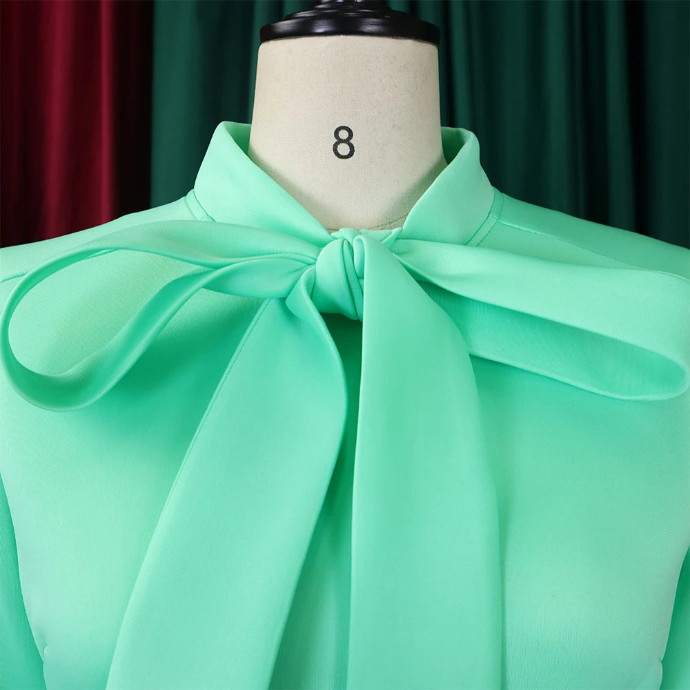 Elegant Dresses for Women Bow Collar Full Sleeve High Waisted A Line Mid Calf Luxury Female Birthday Party Dinner Vestidos Mujer