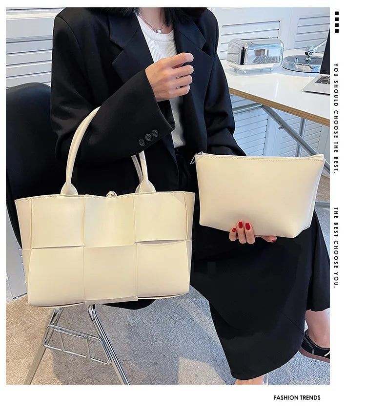 Large Capacity Handbags for Women 2022 Fashion Leather Woven Tote Bags Designer Solid Color Lacing Plaid PU Shoulder Bags