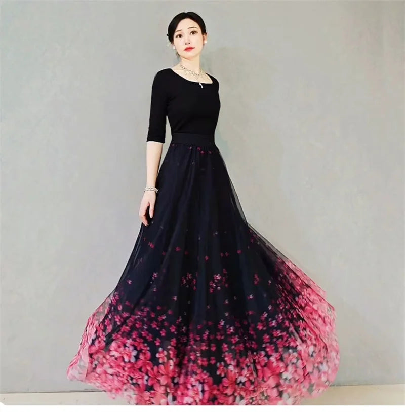 Skirt Women's Long Skirt 2024 New High Waist Slim A-line large Swing Skirt Female A-Line Skirts Summer Sakura Gradient Long Skir