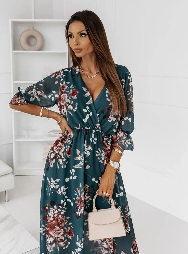 Women Dresses Sexy V Neck Retro Print Chiffon Maxi Dress Fashion Elastic Waist Side Splits Robe Elegant Long Sleeve Loose Dress