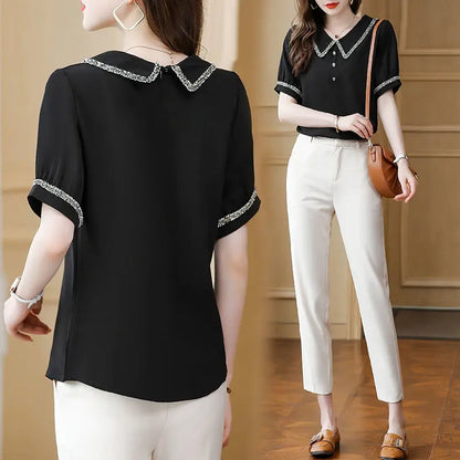 Top for Woman Office Outfits Clothing Black Women's Shirts and Blouses Chiffon Wear To Work Formal Collar Short Sleeve New 2024