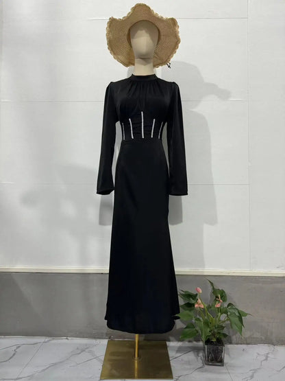 Women Muslim Dresses Slim Party Evening Dress Long Sleeve Pleated Lace-up Irregular Robe Maxi Dress Dubai Abaya Elegant Vestidos